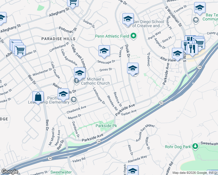 map of restaurants, bars, coffee shops, grocery stores, and more near 2762 Beatrice Street in San Diego