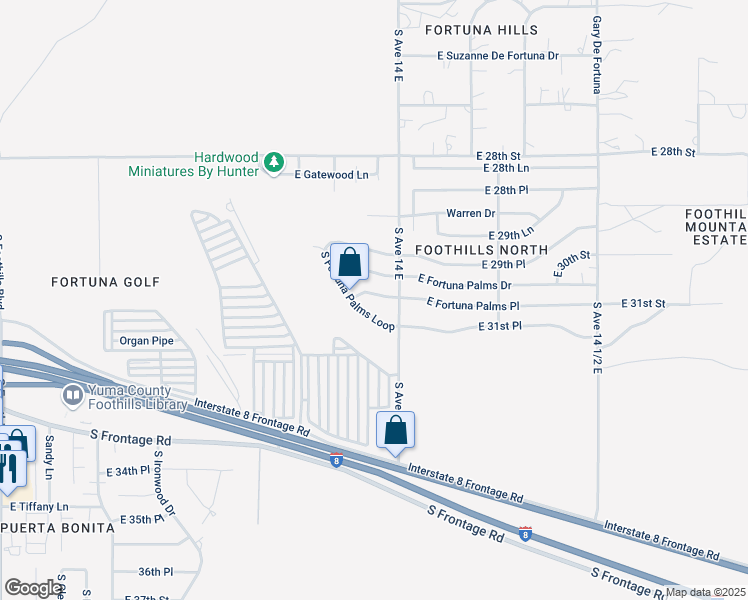 map of restaurants, bars, coffee shops, grocery stores, and more near 13863 East Fortuna Palms Drive in Yuma