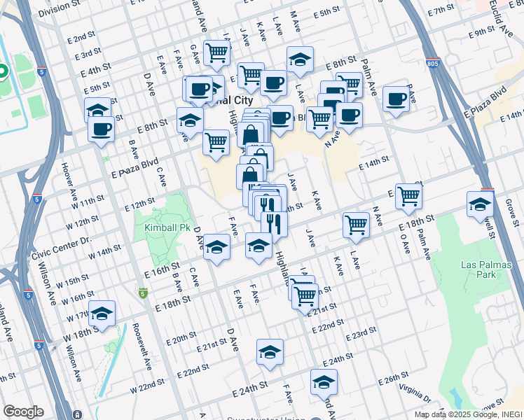 map of restaurants, bars, coffee shops, grocery stores, and more near 1428 Highland Avenue in National City