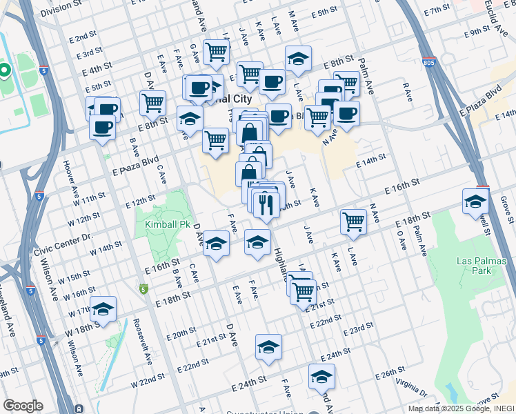 map of restaurants, bars, coffee shops, grocery stores, and more near 1428 Highland Avenue in National City