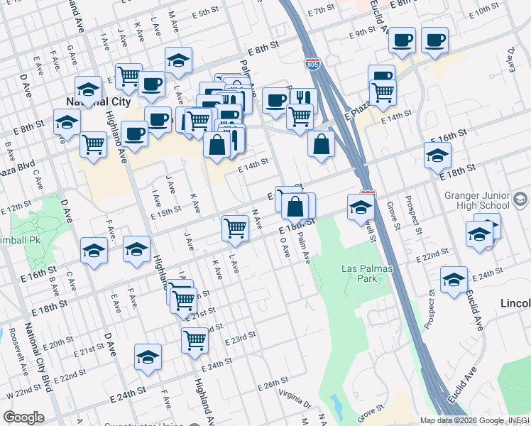 map of restaurants, bars, coffee shops, grocery stores, and more near 1431 East 17th Street in National City