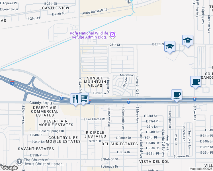 map of restaurants, bars, coffee shops, grocery stores, and more near 3067 South Ragen Drive in Yuma