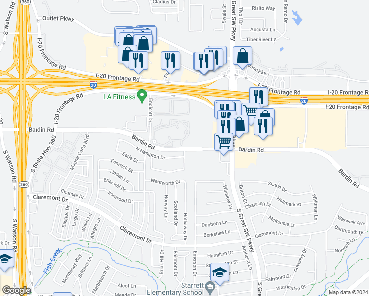 map of restaurants, bars, coffee shops, grocery stores, and more near 2776 Bardin Road in Grand Prairie