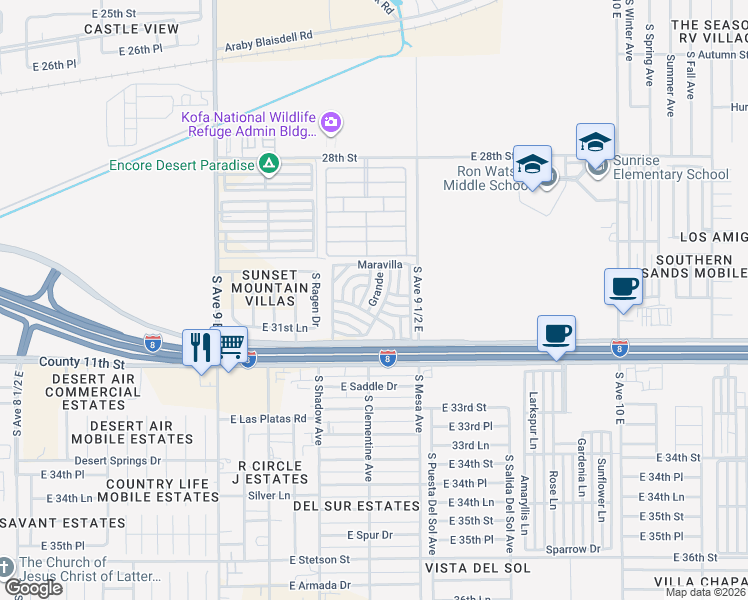 map of restaurants, bars, coffee shops, grocery stores, and more near Paisaje in Yuma