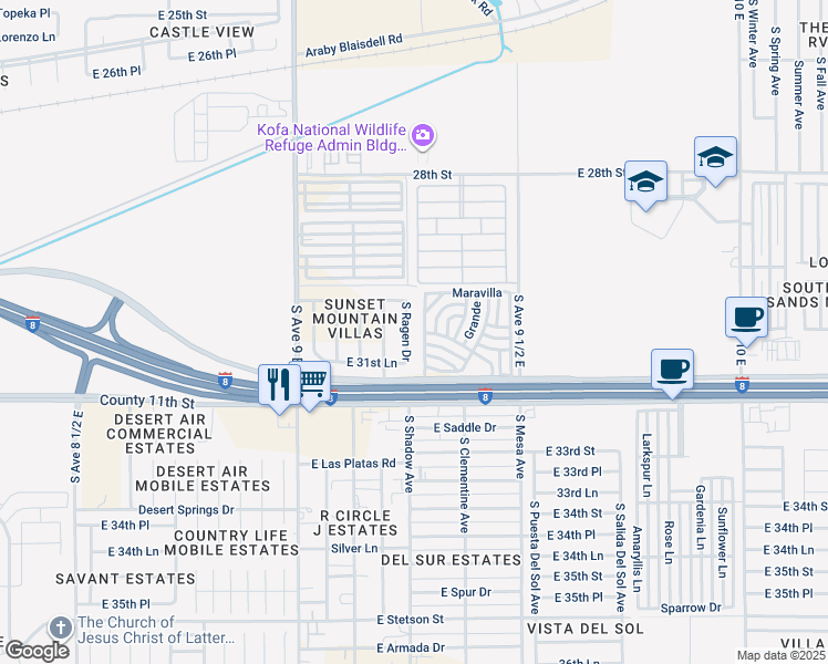 map of restaurants, bars, coffee shops, grocery stores, and more near 3109 South Ragan Drive in Yuma