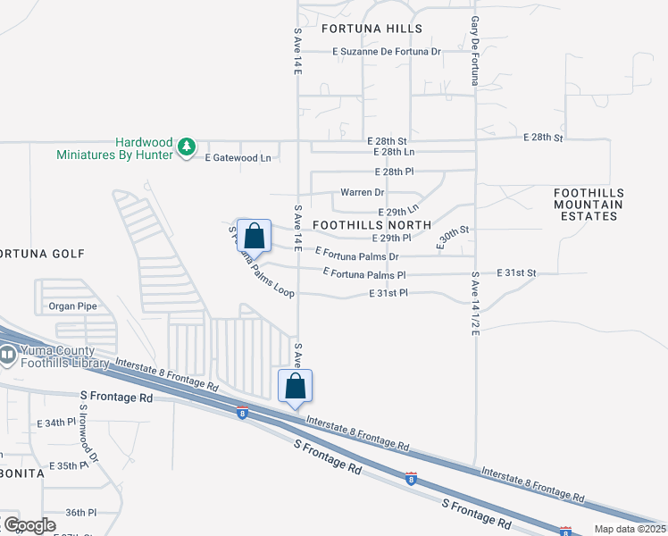 map of restaurants, bars, coffee shops, grocery stores, and more near 14184 East Fortuna Palms Place in Yuma