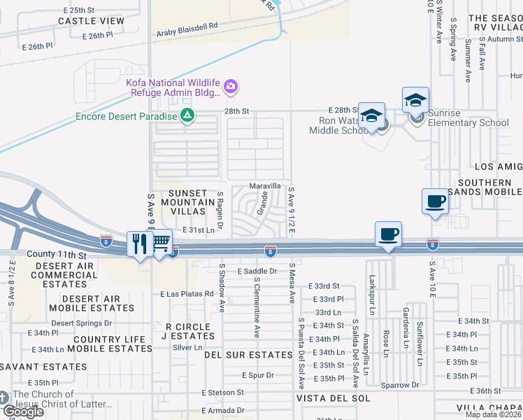 map of restaurants, bars, coffee shops, grocery stores, and more near Paisaje in Yuma