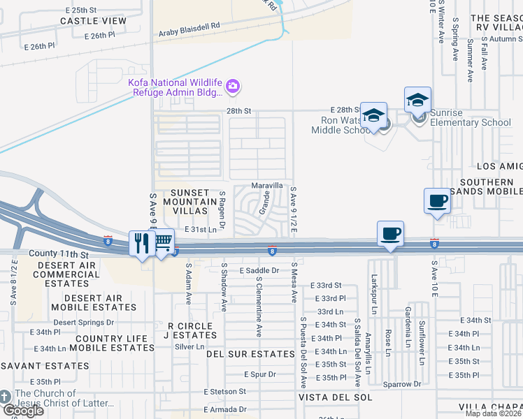 map of restaurants, bars, coffee shops, grocery stores, and more near Paisaje in Yuma