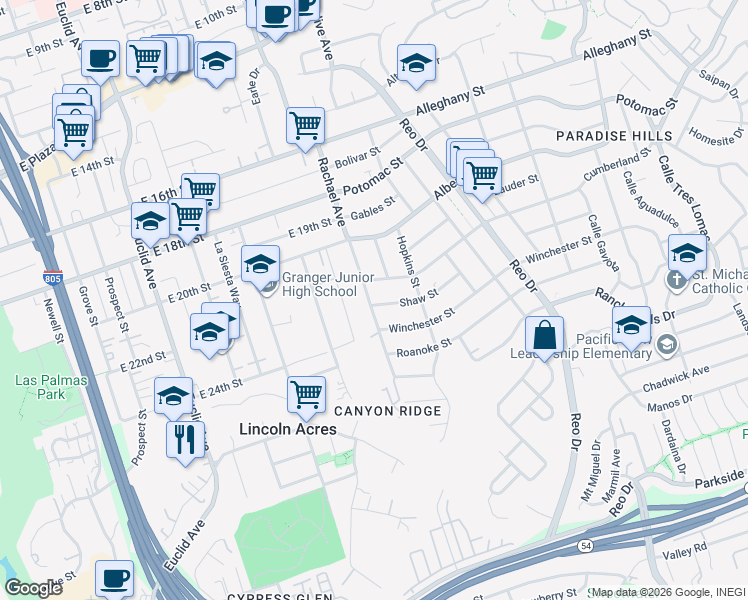 map of restaurants, bars, coffee shops, grocery stores, and more near 5519 Cumberland Street in San Diego