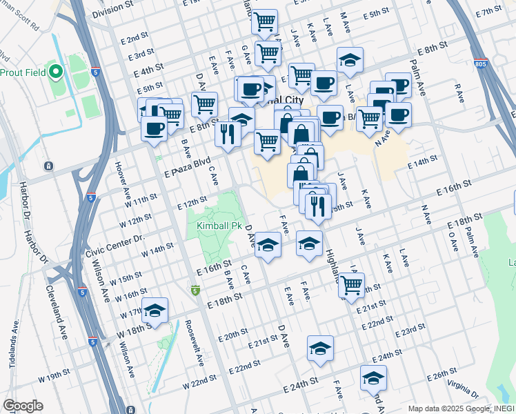 map of restaurants, bars, coffee shops, grocery stores, and more near 1221 D Avenue in National City