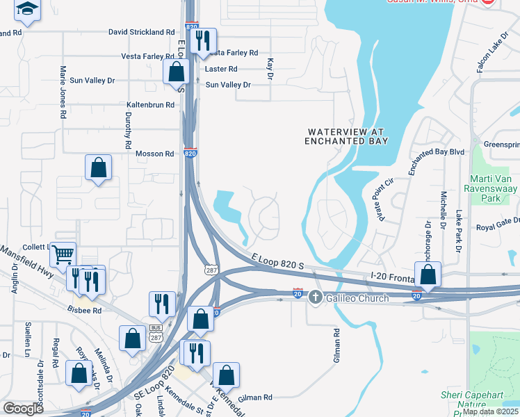 map of restaurants, bars, coffee shops, grocery stores, and more near 5709 Ensign Drive West in Fort Worth