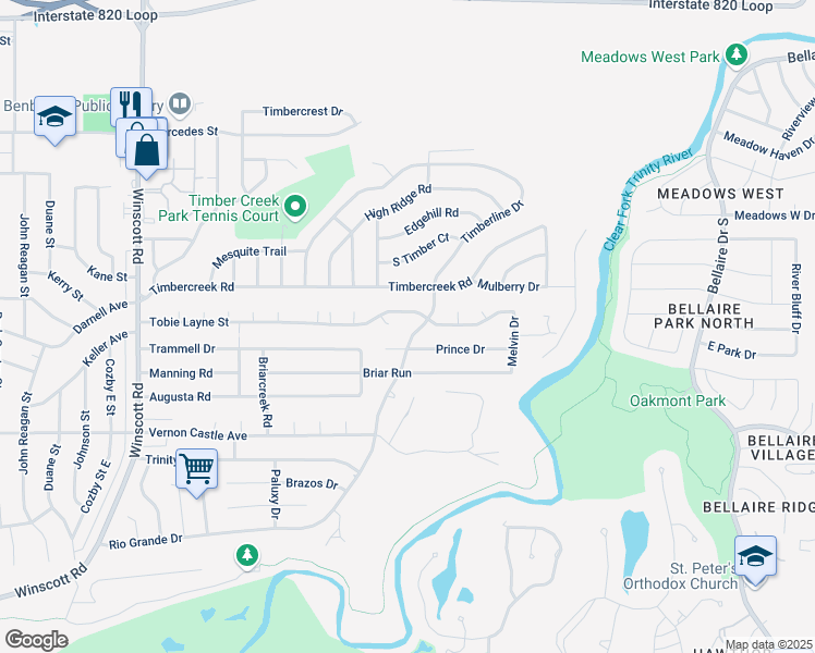 map of restaurants, bars, coffee shops, grocery stores, and more near 1625 Tobie Layne Street in Benbrook