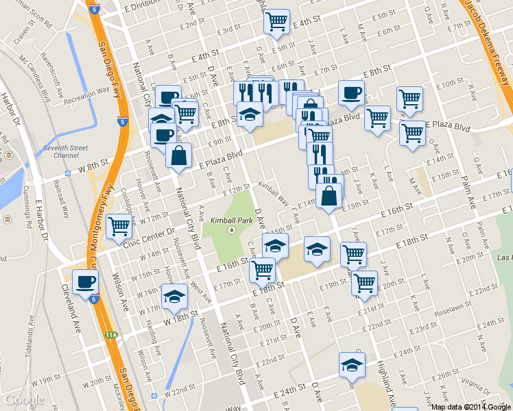 map of restaurants, bars, coffee shops, grocery stores, and more near 1221 D Avenue in National City