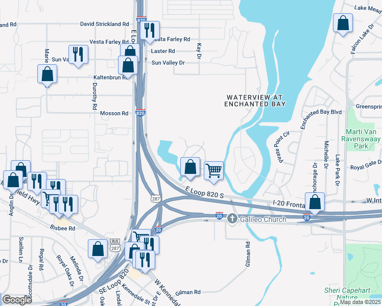 map of restaurants, bars, coffee shops, grocery stores, and more near 5709 Ensign Drive West in Fort Worth