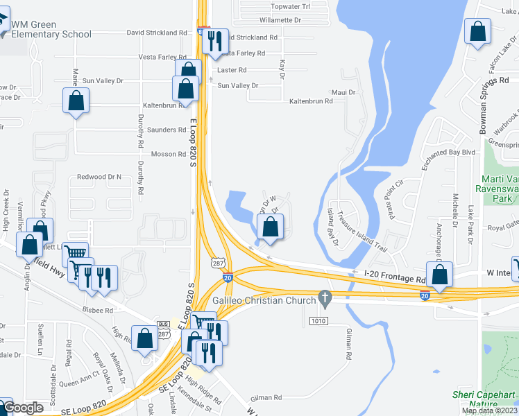 map of restaurants, bars, coffee shops, grocery stores, and more near 5720 Ensign Drive West in Fort Worth