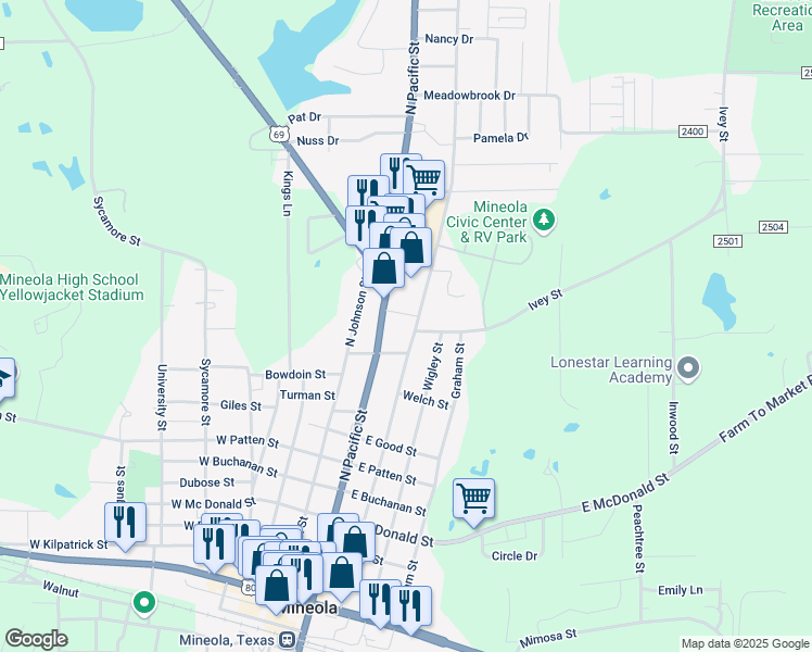 map of restaurants, bars, coffee shops, grocery stores, and more near 1101-1127 N Newsom St in Mineola