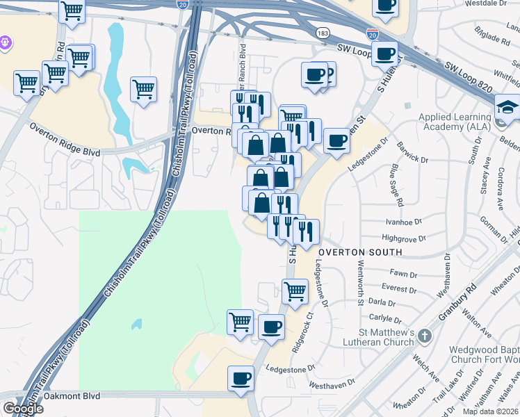 map of restaurants, bars, coffee shops, grocery stores, and more near 5000-5098 Rock Quarry Road in Fort Worth