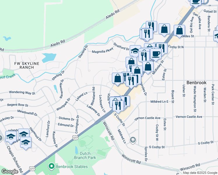 map of restaurants, bars, coffee shops, grocery stores, and more near 9510 Westpark Drive in Benbrook