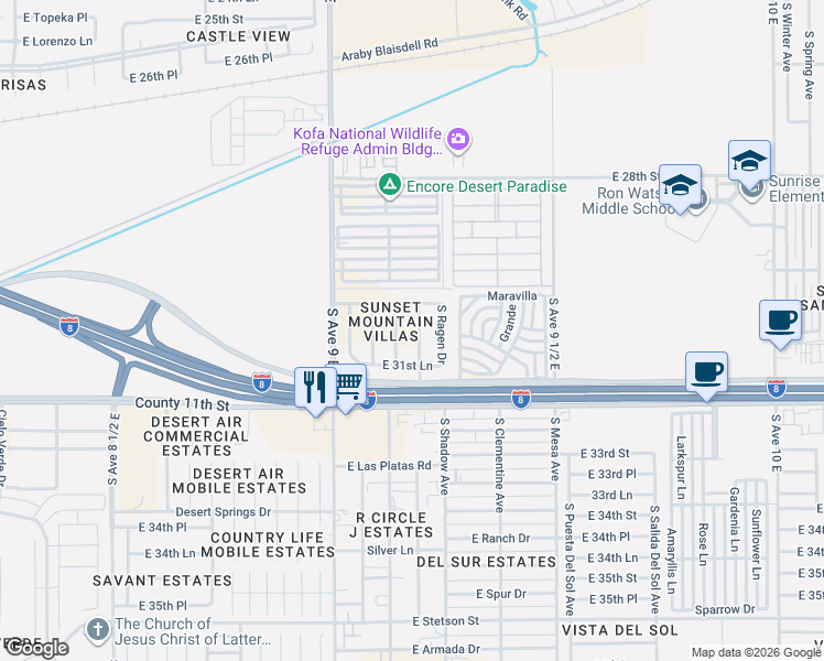 map of restaurants, bars, coffee shops, grocery stores, and more near 3063 South Todd Avenue in Yuma