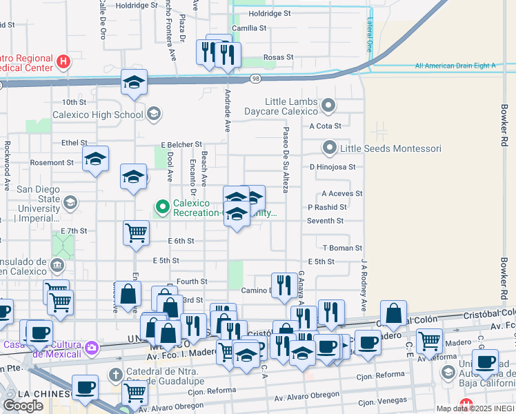 map of restaurants, bars, coffee shops, grocery stores, and more near 1155 Paseo Del Conquistador in Calexico