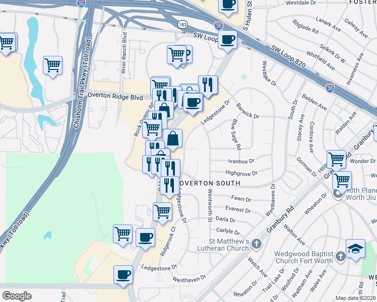 map of restaurants, bars, coffee shops, grocery stores, and more near 5130 Ledgestone Drive in Fort Worth
