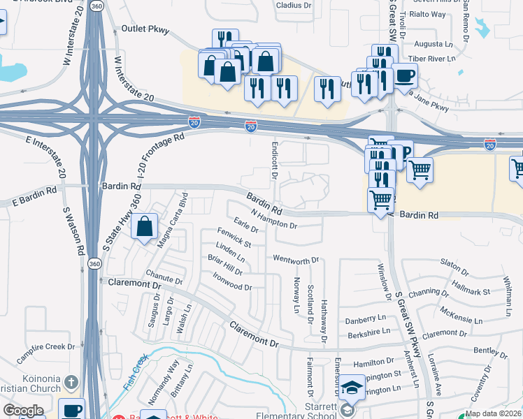 map of restaurants, bars, coffee shops, grocery stores, and more near 2832 North Hampton Drive in Grand Prairie