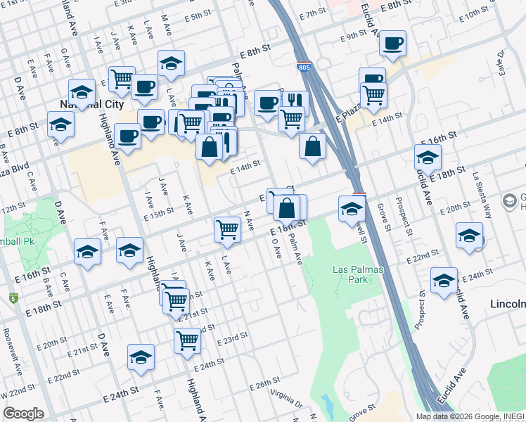 map of restaurants, bars, coffee shops, grocery stores, and more near 1505 East 17th Street in National City