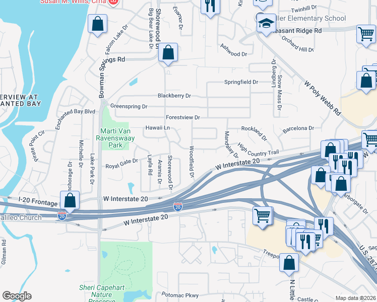 map of restaurants, bars, coffee shops, grocery stores, and more near 6715 High Country Trail in Arlington