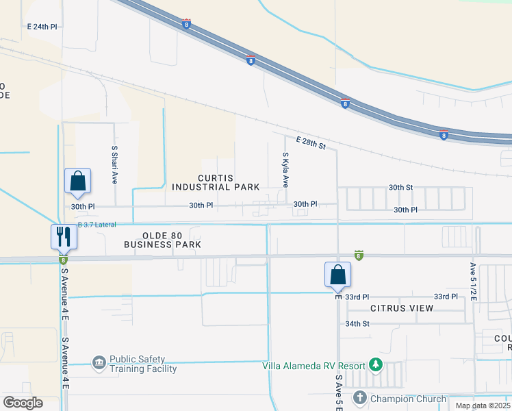 map of restaurants, bars, coffee shops, grocery stores, and more near 4710 30th Place in Yuma