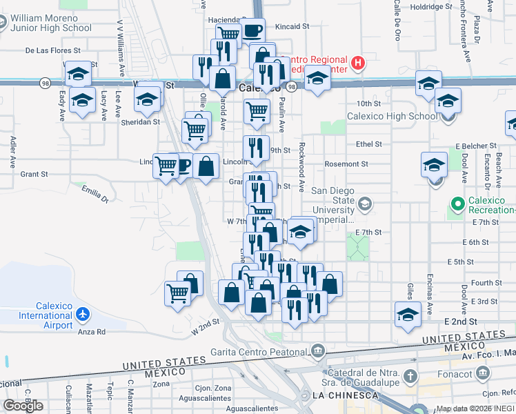 map of restaurants, bars, coffee shops, grocery stores, and more near 720 Imperial Avenue in Calexico