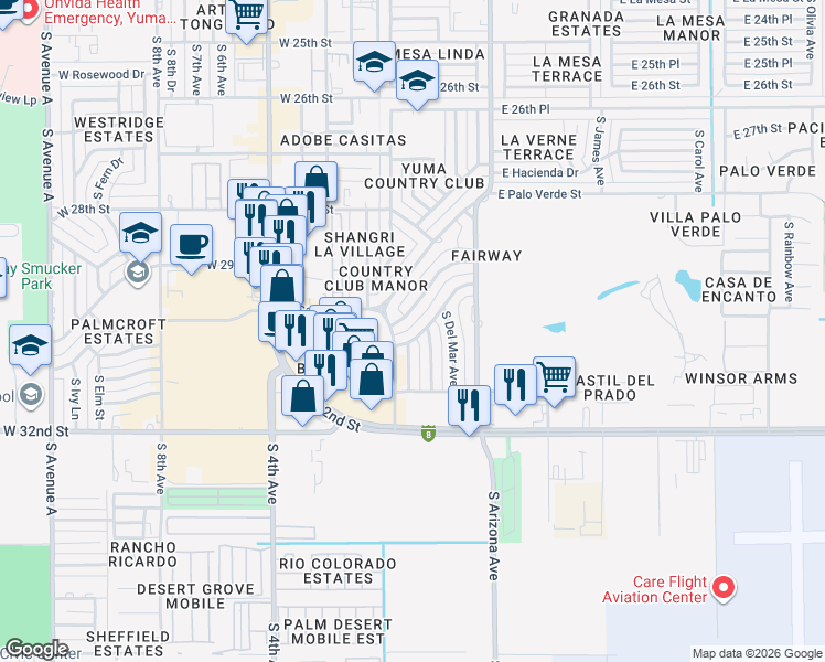 map of restaurants, bars, coffee shops, grocery stores, and more near 213 East 30th Street in Yuma