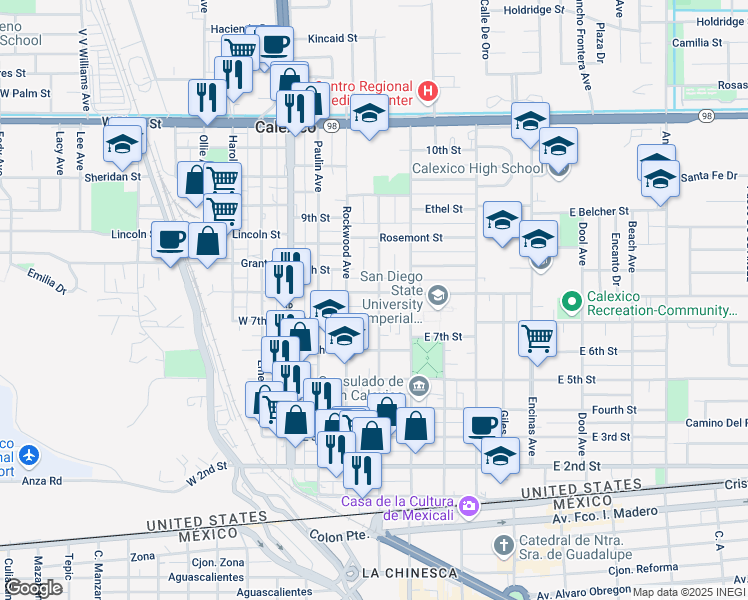 map of restaurants, bars, coffee shops, grocery stores, and more near 219 East Sherman Street in Calexico