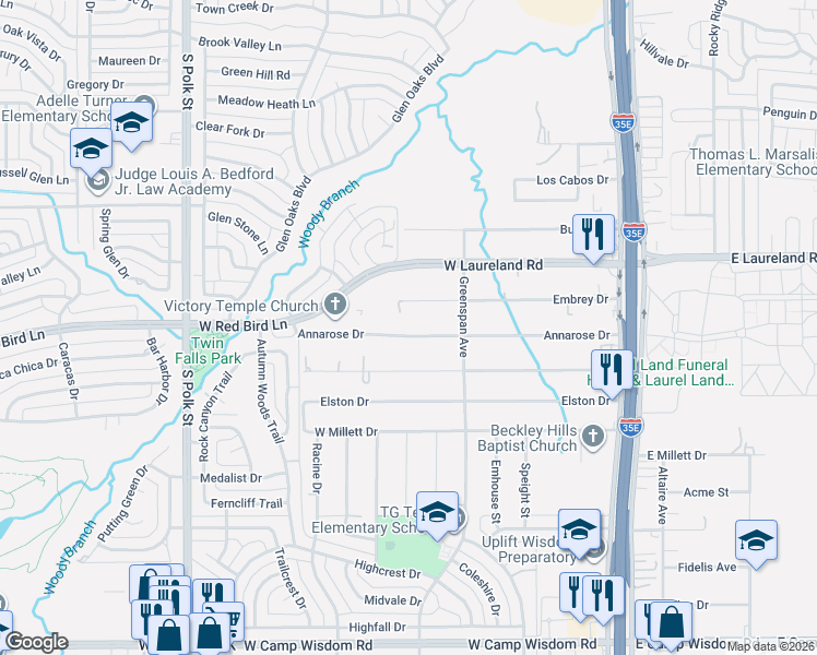 map of restaurants, bars, coffee shops, grocery stores, and more near 547 Annarose Drive in Dallas