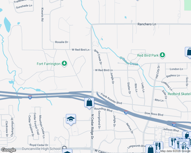 map of restaurants, bars, coffee shops, grocery stores, and more near 1238 North Cedar Ridge Drive in Duncanville