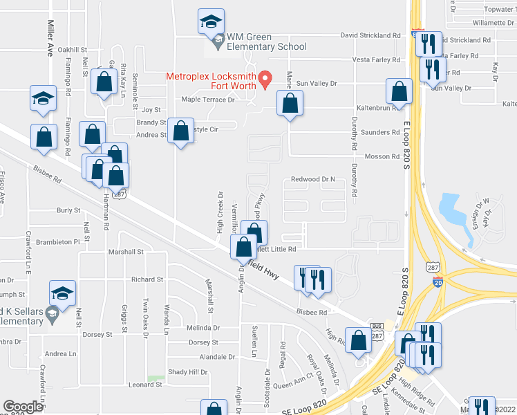 map of restaurants, bars, coffee shops, grocery stores, and more near Walnut Ridge in Fort Worth