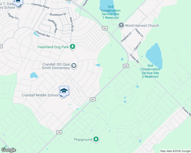 map of restaurants, bars, coffee shops, grocery stores, and more near 3955 Rochelle Lane in Forney