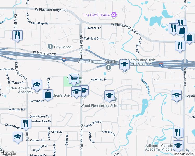 map of restaurants, bars, coffee shops, grocery stores, and more near 3509 Palomino Drive in Arlington