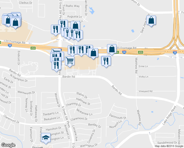 map of restaurants, bars, coffee shops, grocery stores, and more near 2308 Bardin Rd in Grand Prairie