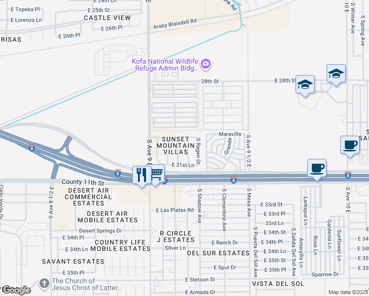 map of restaurants, bars, coffee shops, grocery stores, and more near 3063 South Todd Avenue in Yuma