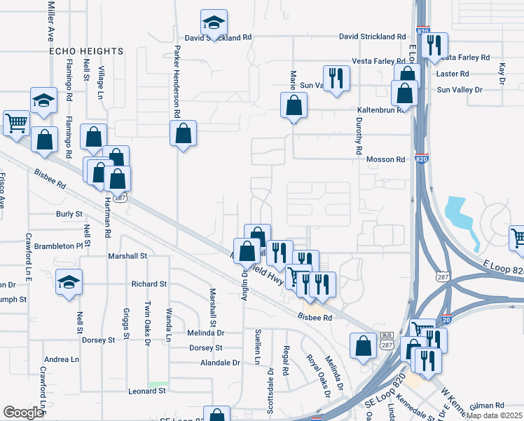 map of restaurants, bars, coffee shops, grocery stores, and more near Walnut Ridge in Fort Worth