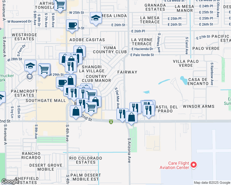 map of restaurants, bars, coffee shops, grocery stores, and more near 3030 South Del Mar Avenue in Yuma