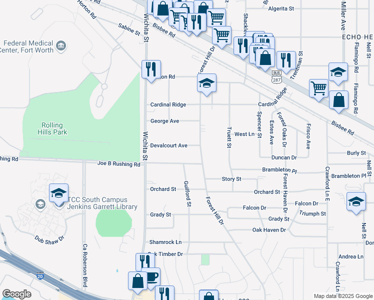 map of restaurants, bars, coffee shops, grocery stores, and more near 3318 Devalcourt Avenue in Forest Hill