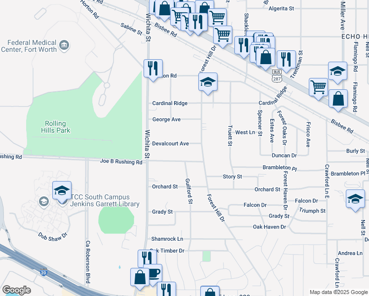 map of restaurants, bars, coffee shops, grocery stores, and more near 3318 Devalcourt Avenue in Forest Hill