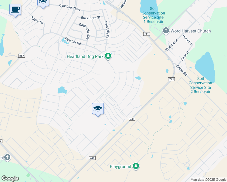 map of restaurants, bars, coffee shops, grocery stores, and more near 3807 Mercedes Bend in Crandall
