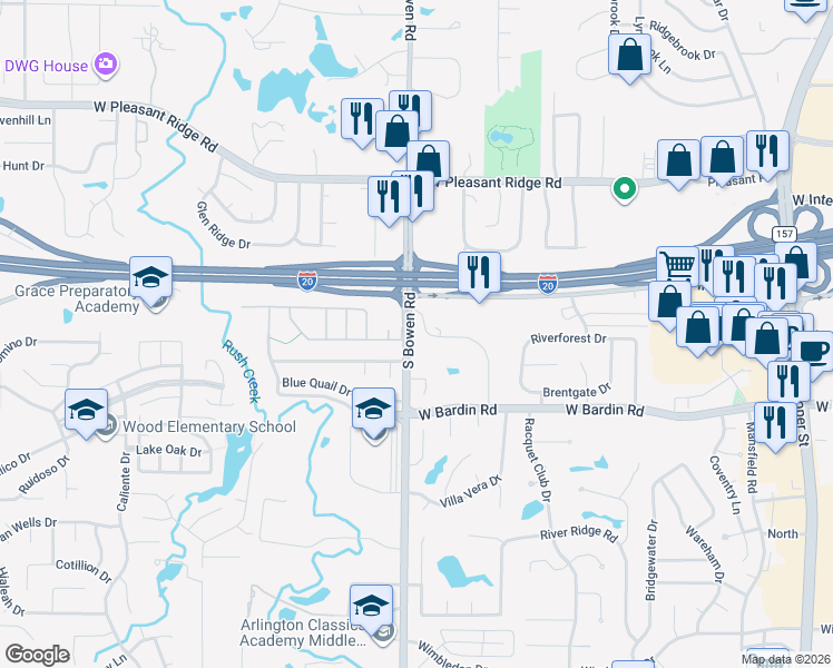 map of restaurants, bars, coffee shops, grocery stores, and more near 4500 Ridgecrest Drive in Arlington