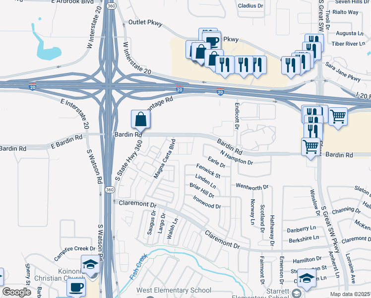 map of restaurants, bars, coffee shops, grocery stores, and more near 2901 Bardin Road in Grand Prairie