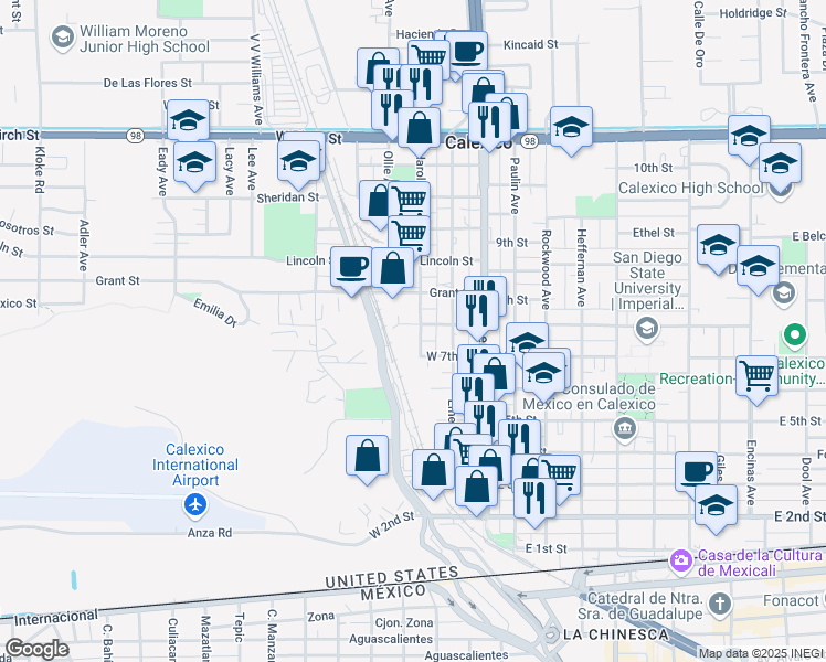 map of restaurants, bars, coffee shops, grocery stores, and more near 201-211 West Sherman Street in Calexico