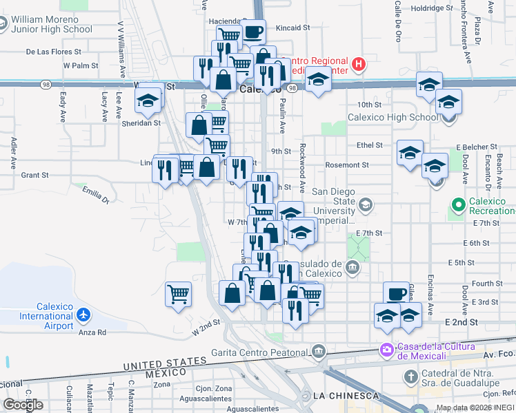 map of restaurants, bars, coffee shops, grocery stores, and more near 723 Imperial Avenue in Calexico