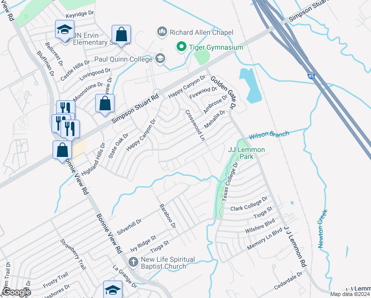 map of restaurants, bars, coffee shops, grocery stores, and more near 4111 Robertson Drive in Dallas