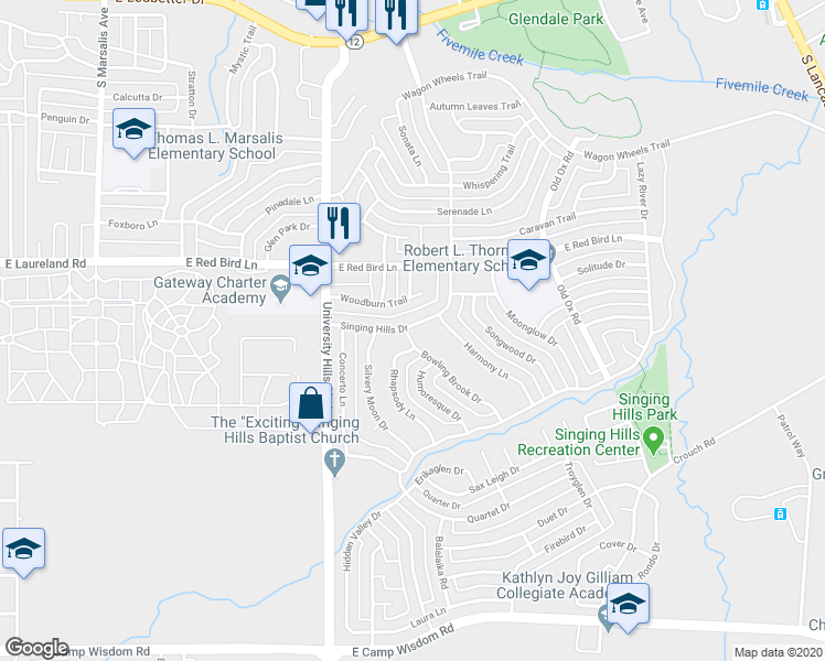 map of restaurants, bars, coffee shops, grocery stores, and more near 6106 Bowling Brook Drive in Dallas